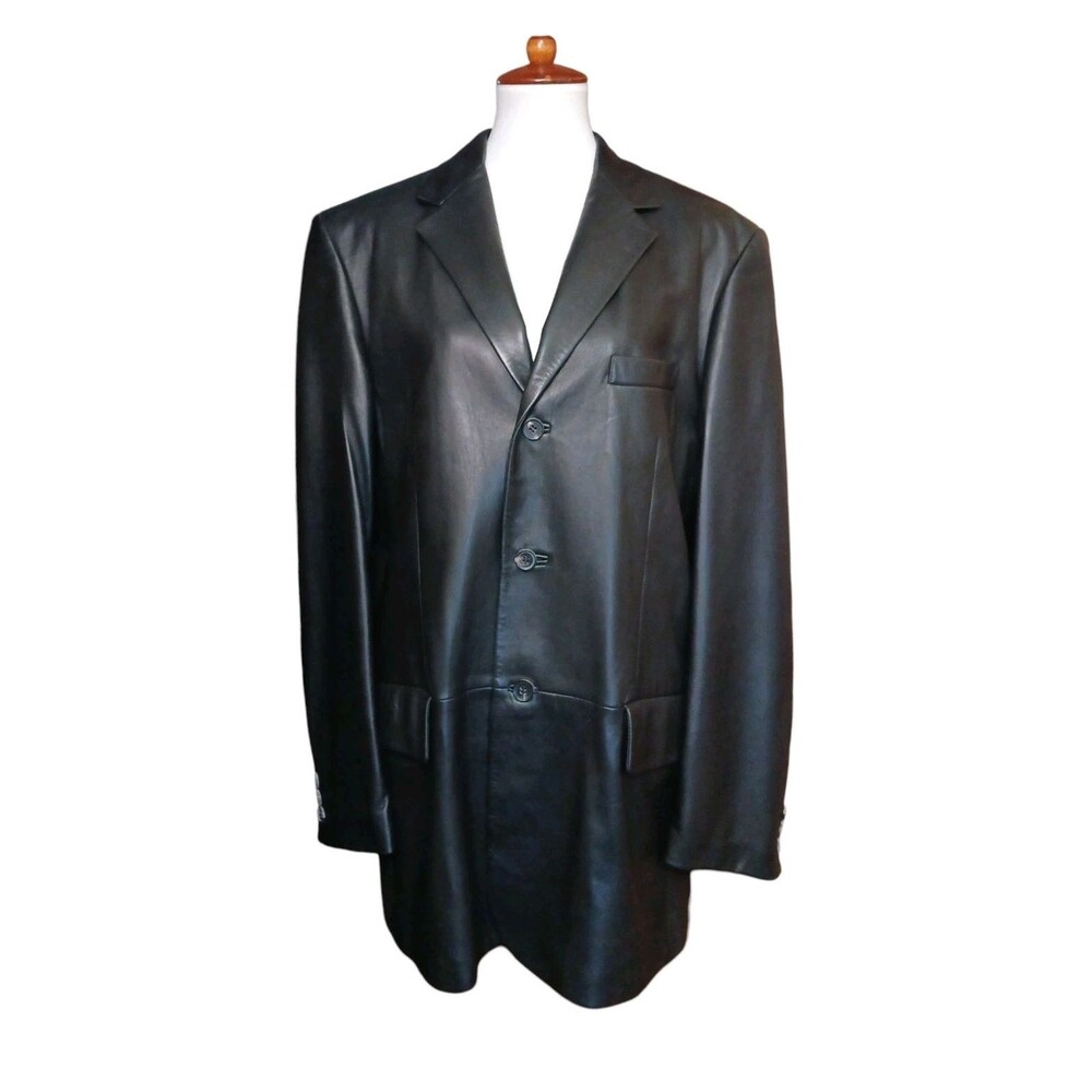 HUGO BOSS 100% Lambskin Men's 42R Black Leather Blazer Jacket Button Down 50 EU